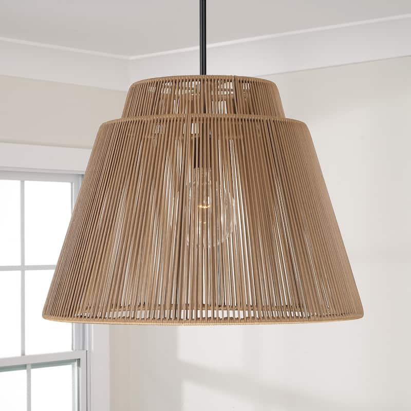 24" W x 17.25" H 1-Light Indoor Outdoor Pendant in Matte Black and Hand-wrapped Resin Rope - 23"W x 17"H