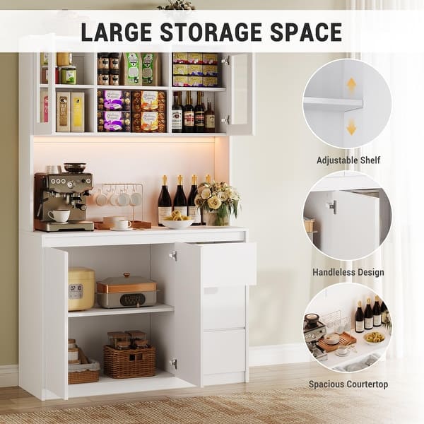 Kitchen Pantry Cabinet with LED Lights and Charging Station