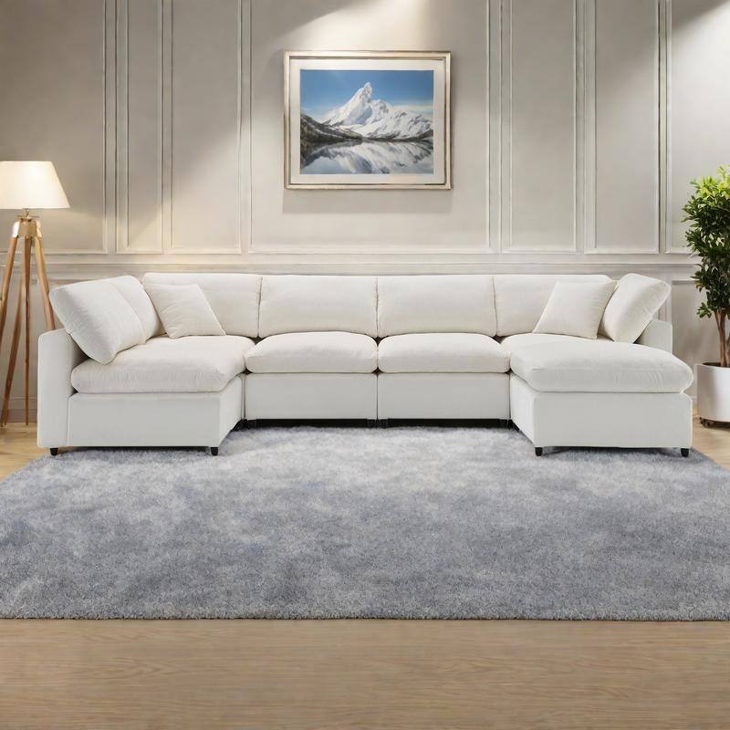 130" Chenille Modular Cloud Sofa with Ottoman, U-Shaped 6-Seater, 330lb Capacity - Beige
