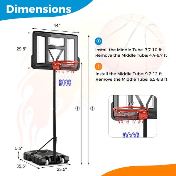 Gymax 4.4-10 FT Portable Basketball Hoop w/ 44'' Shatterproof