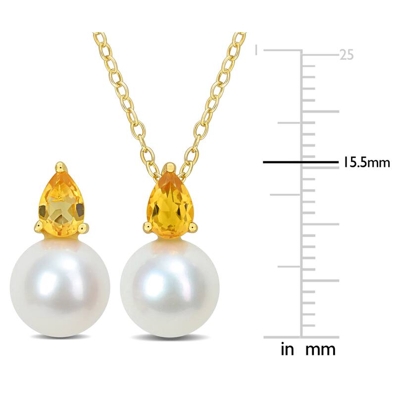 Miadora Cultured Freshwater Pearl 1 1/6ct TGW Citrine Pendant Chain Earrings Set Yellow Silver