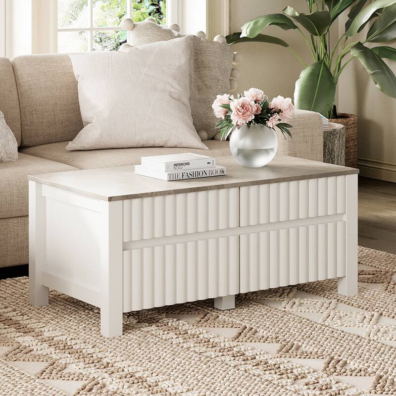 WAMPAT White Modern Coffee Table and 2-in-1 Large TV Stand - White&Gray