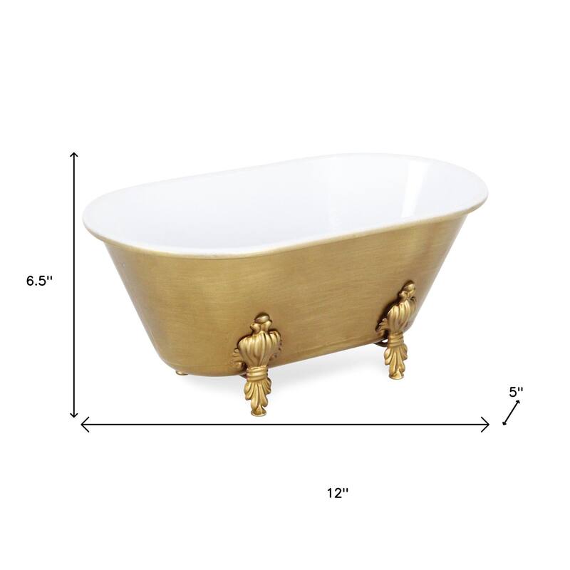 HomeRoots 12" Gold And White Metal Hand Painted Decorative Tub - 12.00 in. x 5.00 in. x 6.50 in.