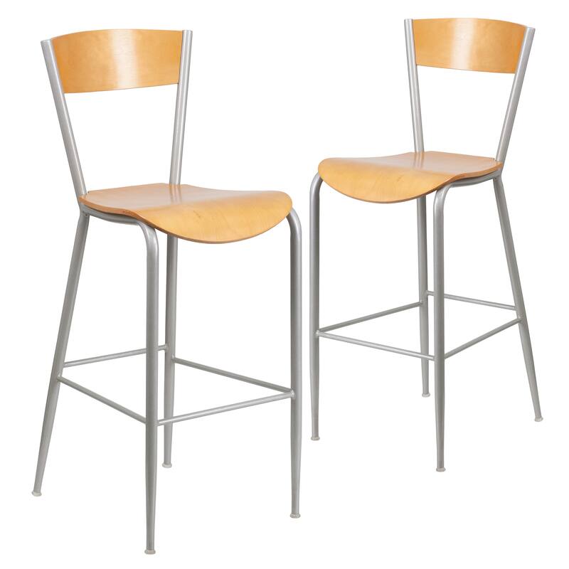 2 Pack Silver Metal Restaurant Barstool - Wood Back & Seat - 16.5"W x 21.5"D x 43"H