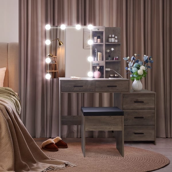 5 Drawers Dressing Table Set Grey with Mirror Cabinet and 3 Shelves - Bed  Bath & Beyond - 40521429