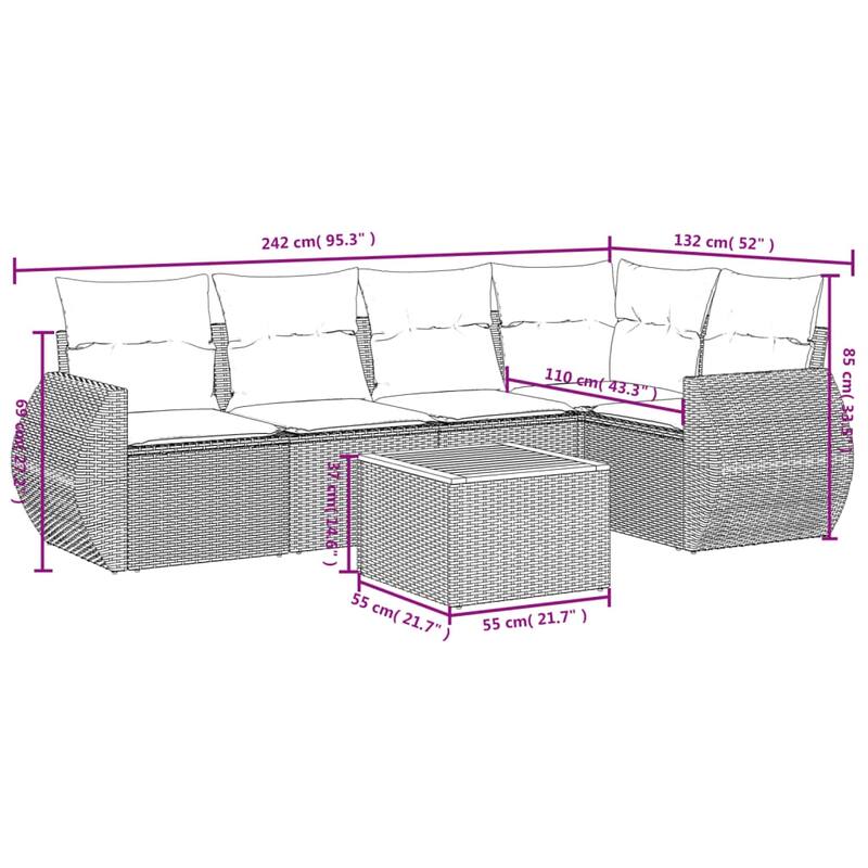 vidaXL 6 Piece Patio Sofa Set with Cushions Black Poly Rattan - 24.4 x 24.4 x 27.2