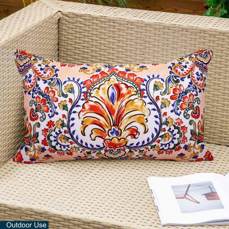 Decorative Indoor/Outdoor Weatherproof Throw Pillows with Inserts for Your Patio Furniture, Chairs, Indoor Décor - 12x20 Inches - Pink/White