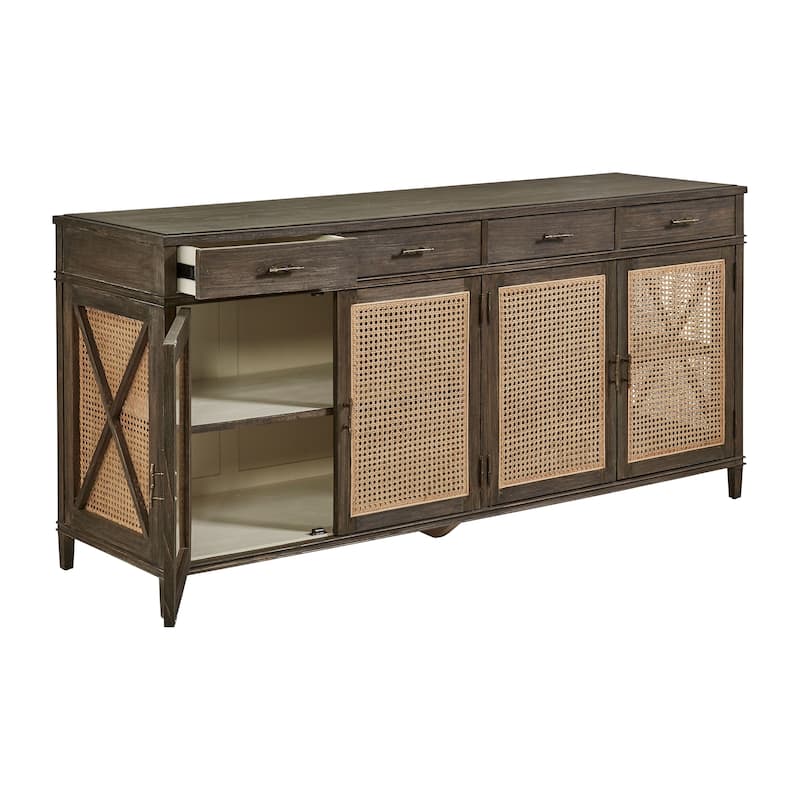 Cambridge 78-inch Open Cane Buffet with Shelves & Drawer Storage