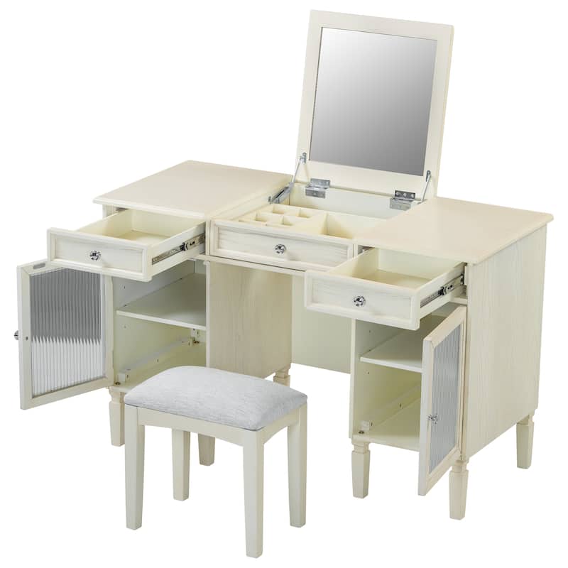 2-in-1 3-Drawer Makeup Vanity Desk with Flip-Top Mirror and Cabinet