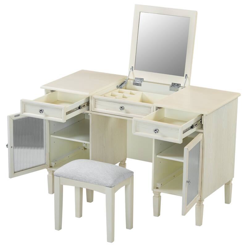 2-in-1 Makeup Vanity Writing Desk with Hidden Fold-Down Mirror & Cabinet, Computer Workstation Dressing Table Set with Stool
