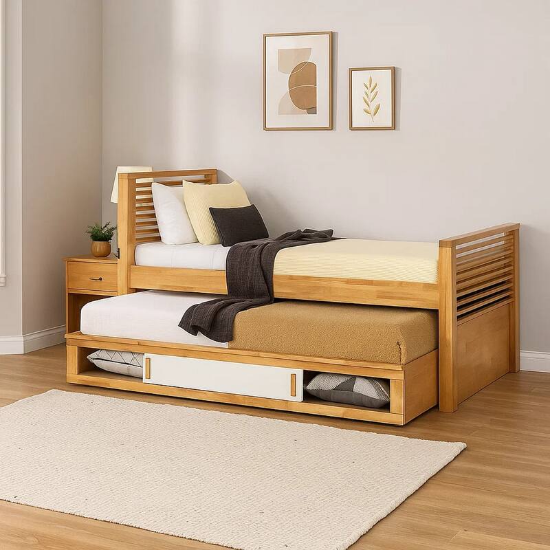Dilu Full Size Captain Bed with Storage Trundle, Light Oak Brown