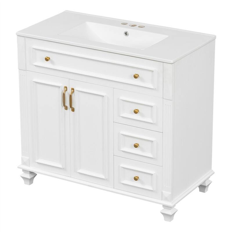 36" Bathroom Vanity with Ceramic Sink, Freestanding Bathroom Vanity Cabinet with Flip-Out Drawer, 3 Drawers & 2 Soft-Close Doors