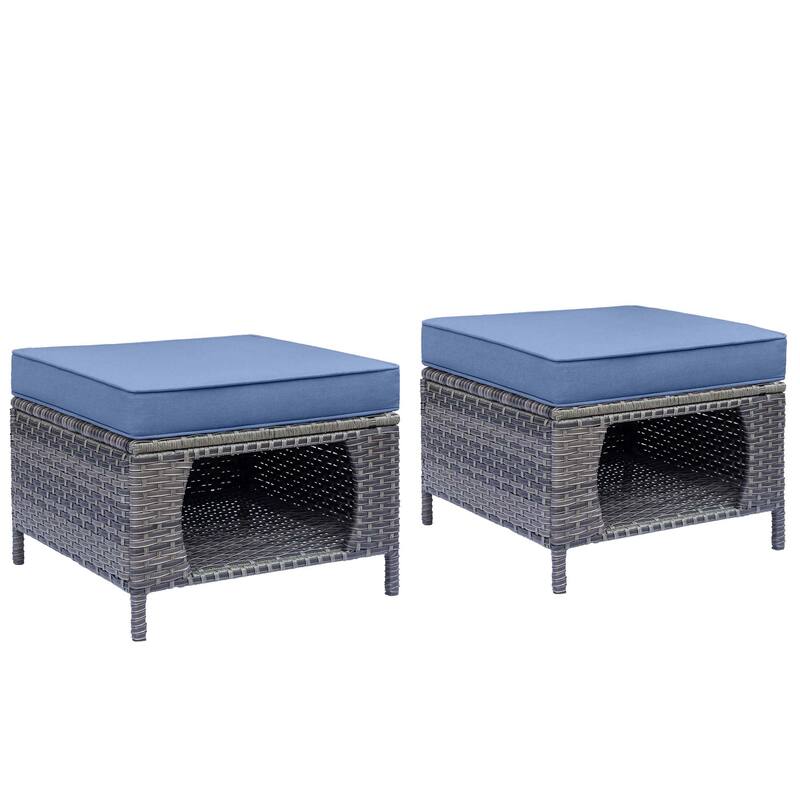 Outdoor Cushioned Rattan Wicker Ottoman with Storage (Set of 2)