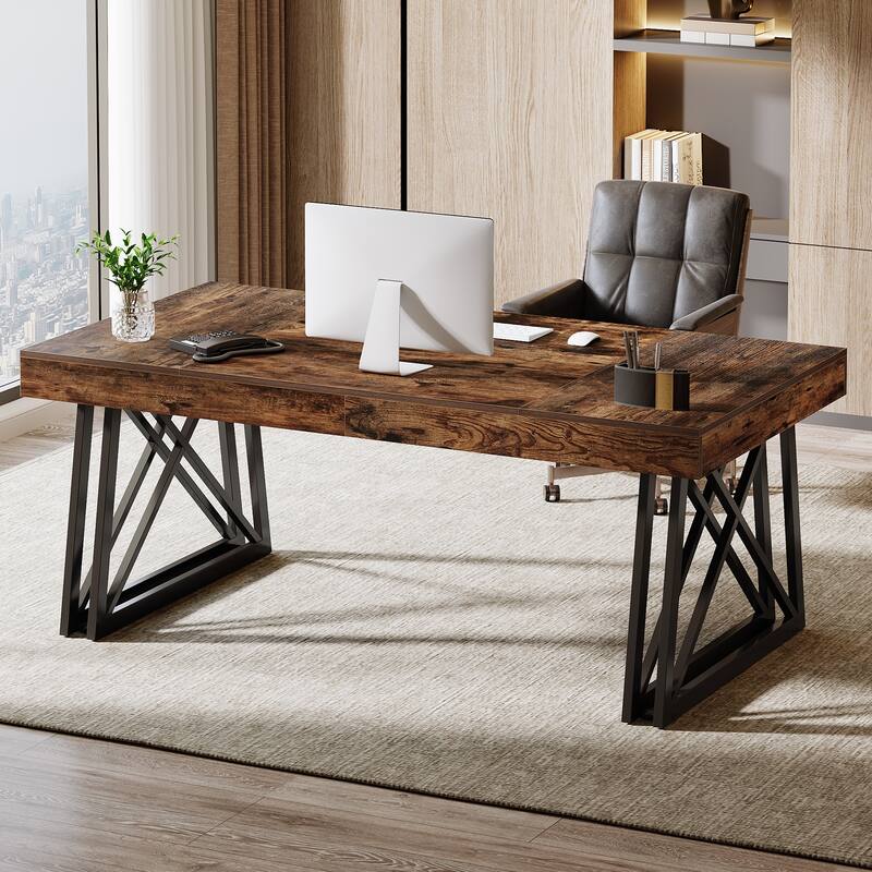 63 Inch Executive Desk, Farmhouse Office Computer Desk with Sturdy X-Shaped Legs