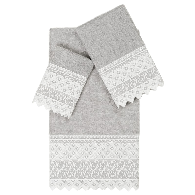 Authentic Hotel and Spa 100% Turkish Cotton Aiden 3PC White Lace Embellished Towel Set - Light Gray