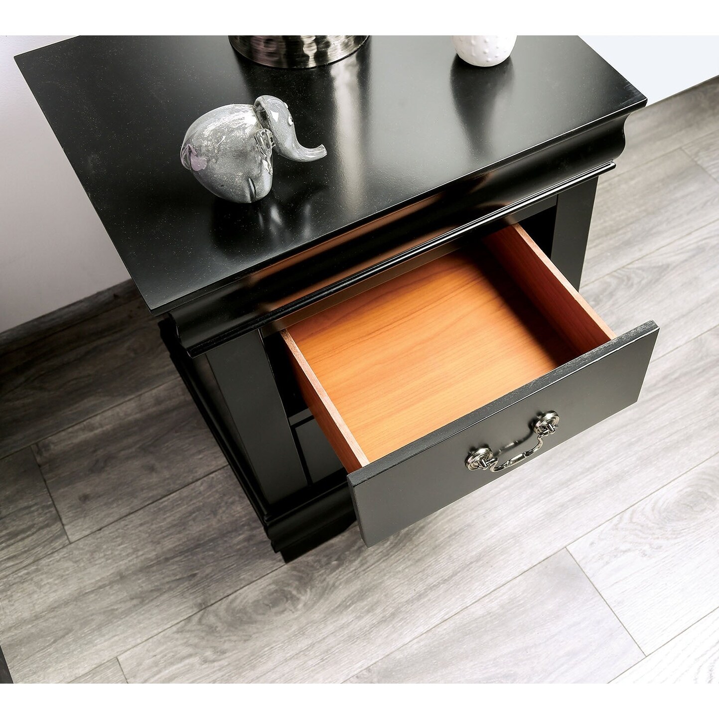 Wood Sleigh Design Bed, Nightstand, Dresser, Mirror, Black - Bed