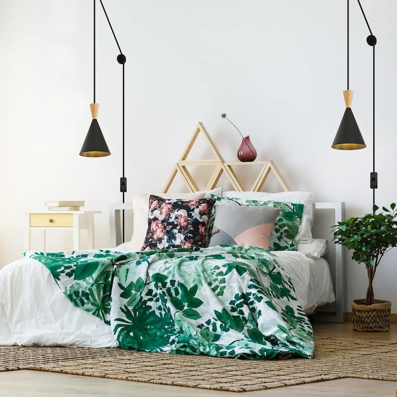 Modern Black/White Pendant Light Fixture with Plug in Cord Wood Metal, Adjustable Chandelier Hanging Lamps for Bedroom