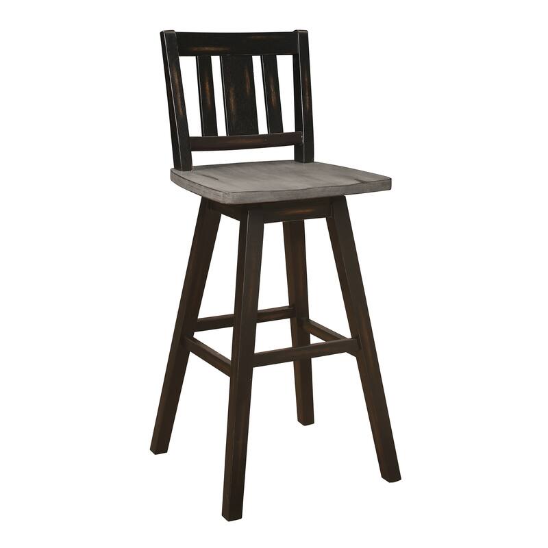 Ati 29 Inch Bar Height Stool Swivel Chairs Set of 2, Vertical Slat Back, Gray, Black
