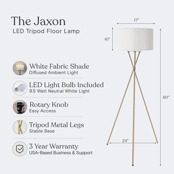 Brightech Jaxon 60 in. Antique Brass Tripod Super Bright LED Midcentury Modern Floor Lamp with White Fabric Drum Shade