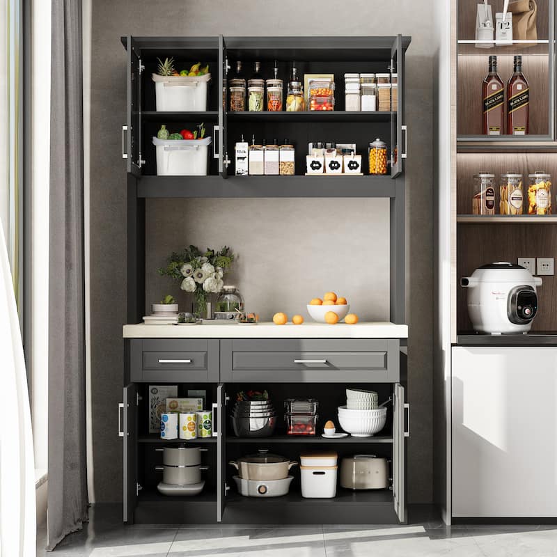 Grey Kitchen Cabinet: Ample Storage with Glass - door Display and Drawers Pantry Buffet
