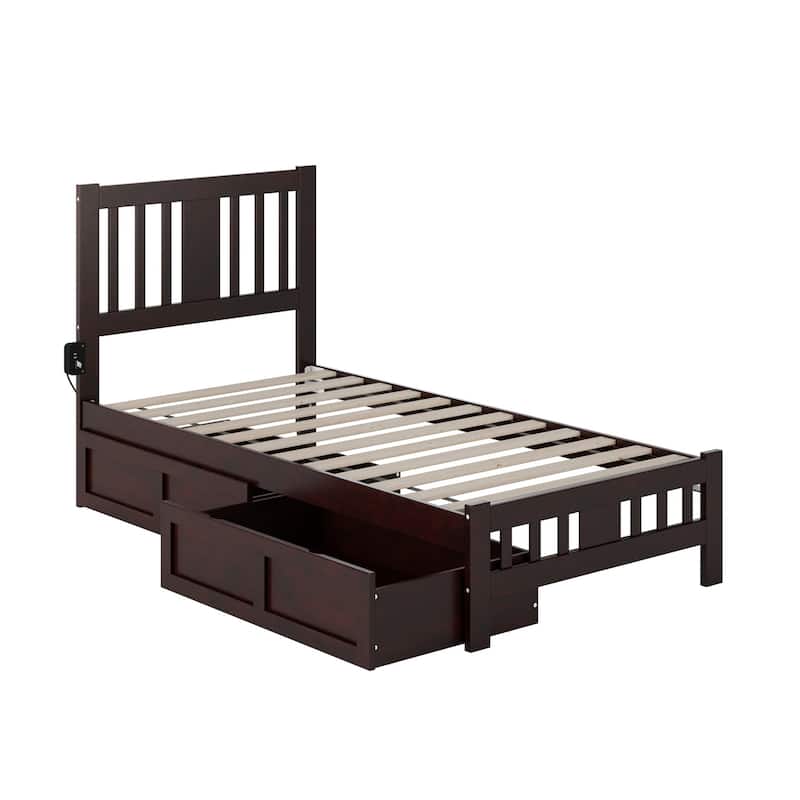 Twin Bed in Espresso with Footboard and 2 Storage Drawers, Mission Slats, and Turbo Charging Station