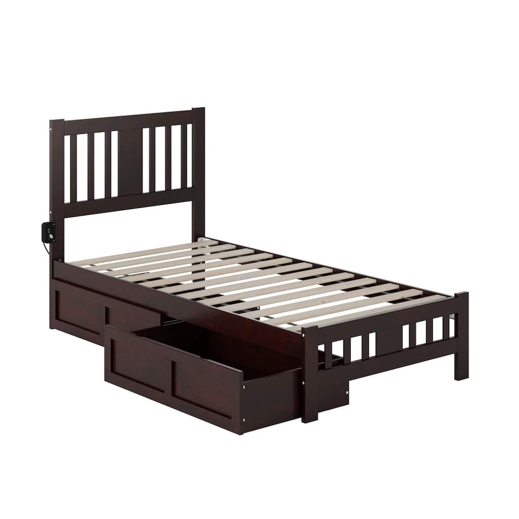 Twin Bed in Espresso with Footboard and 2 Storage Drawers, Mission Slats, and Turbo Charging Station