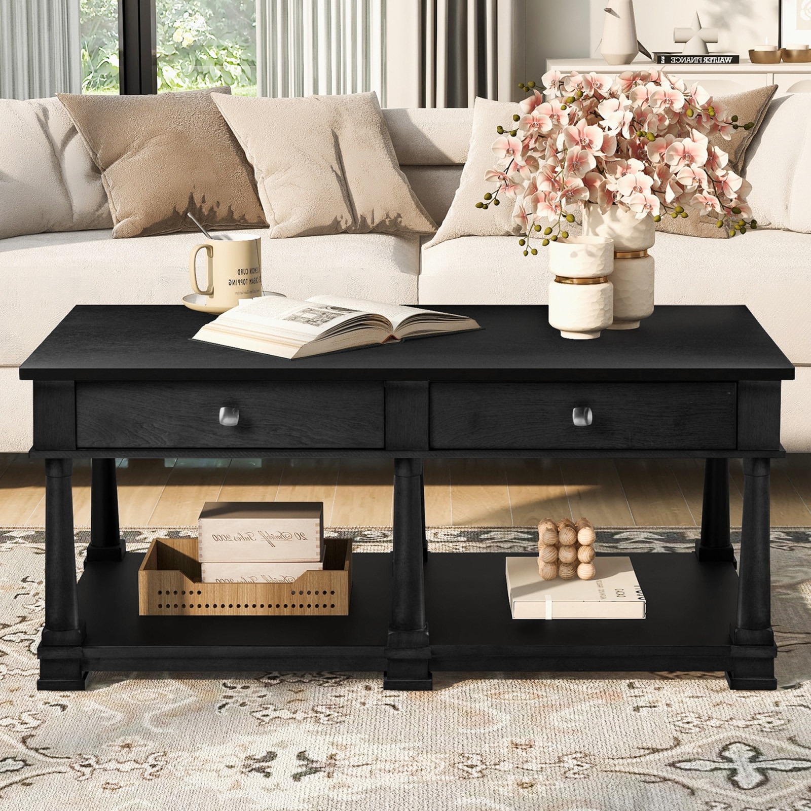 45.3-Inch Farmhouse Rectangular Coffee Table with 2 Hidden Drawers and Storage Shelf, Wood