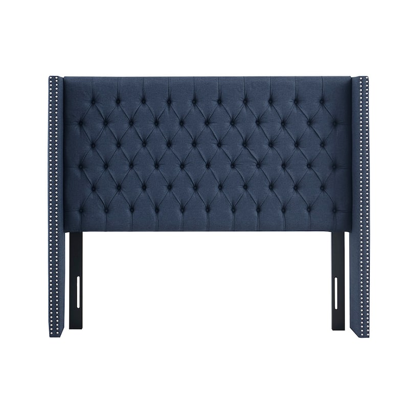 Queen Navy Upholstered Tufted Wingback Headboard with Nailhead Trim