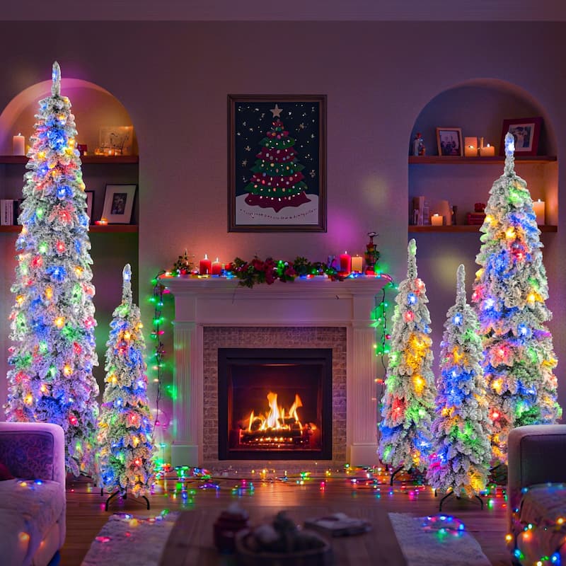 8FT,6FT,4FT x 3 Pre-Lit Pencil Christmas Trees, 5-set Slim Artificial Christmas Tree With Snow Flocking, with 11 Lighting Modes