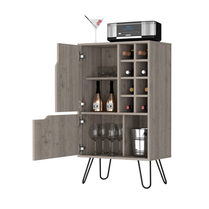 FM Furniture Sheffield L Bar Cabinet with 2 Doors, 4 Inner Shelves, 8 Cubbies, and Hairpin Legs