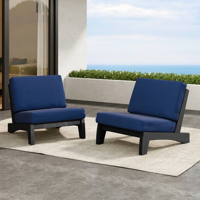 Outdoor Teak Wood Waterproof Armless Chair Loveseat with Cushions - LOVESEAT SEPARATE CUSHION - Navy/2 Chair