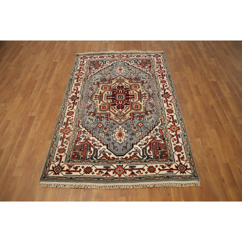 Hand Knotted Oriental 100% Wool Carpet Traditional Medallion Greys & Charcoal Heriz (serapi) Area Rug - 6' 1'' X 4' 1''