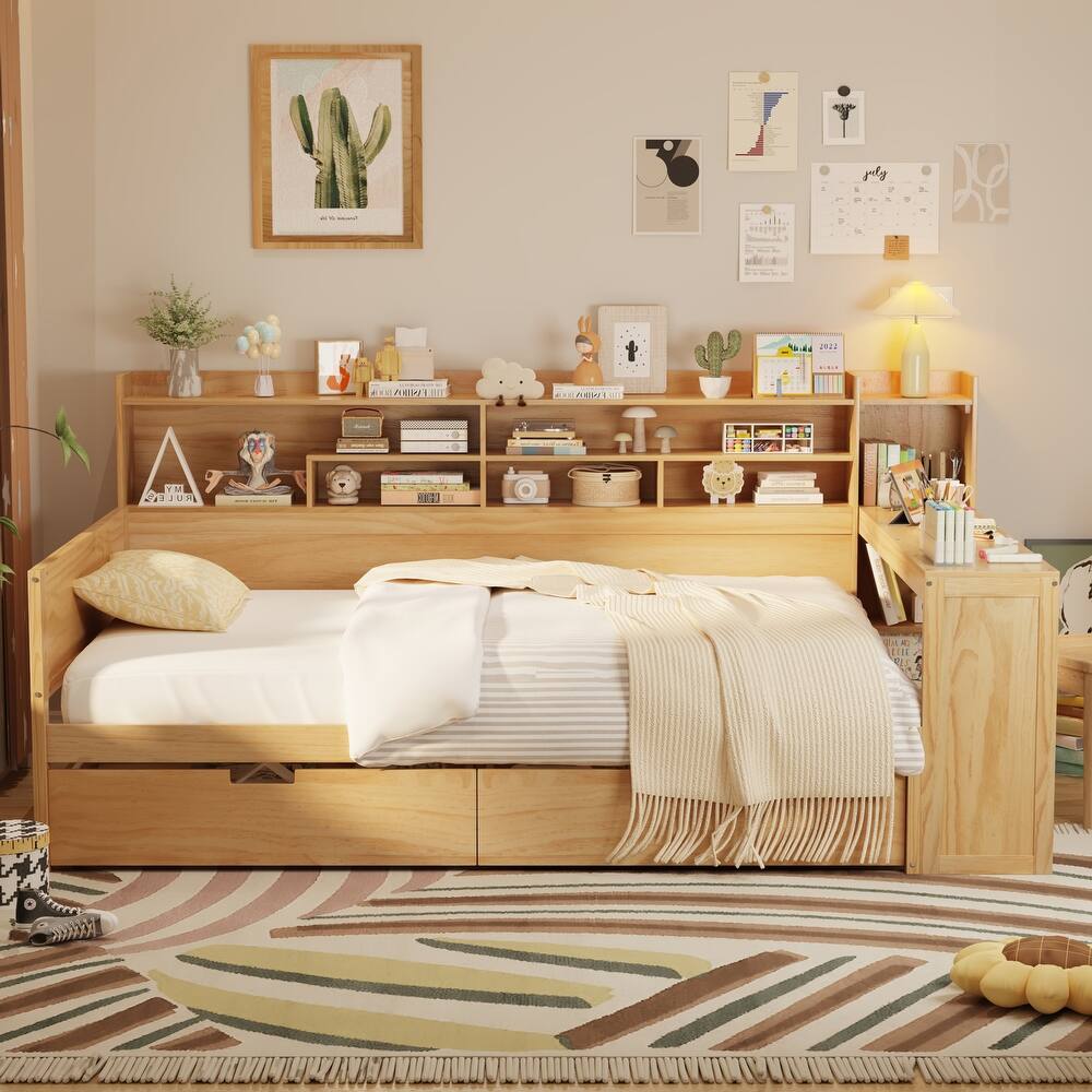 Wooden Twin/Full Size Daybed with 2 Storage Drawers and Built In Desk, Versatile Platform Sofa Bed Frame with Side Shelves