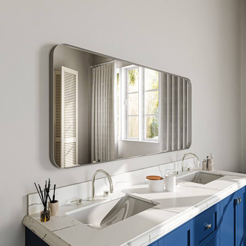 Stylish Rounded Aluminum Framed Bathroom Mirror – Full Length Wall Accent Mirror for Elegant Home Decor - 60"×28" - Brushed Silver