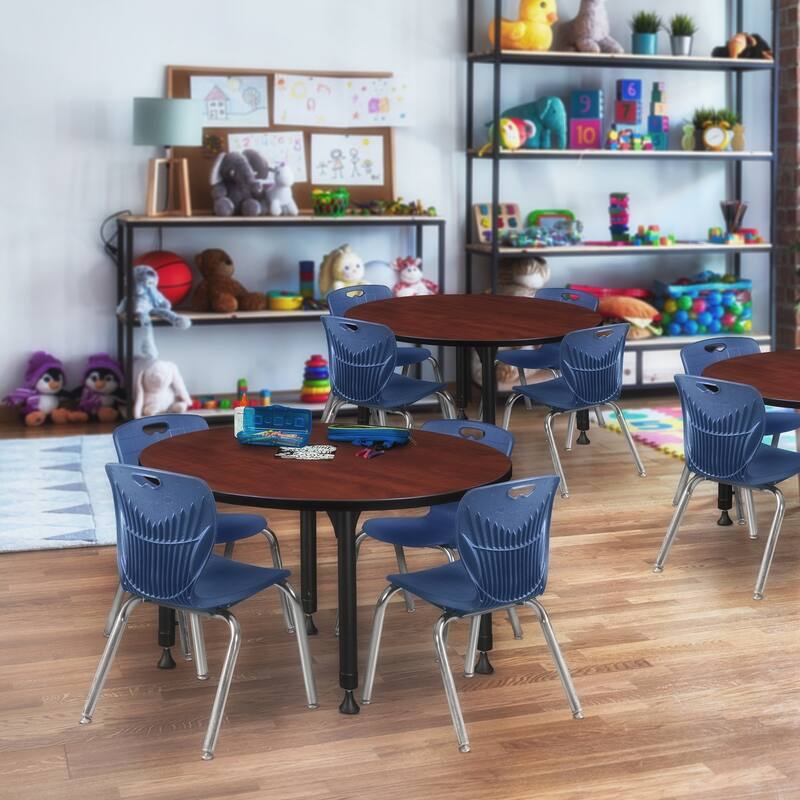 36 in. Round Height Adjustable Classroom Table - Cherry & 4 12-in Stack Chairs- Navy Blue