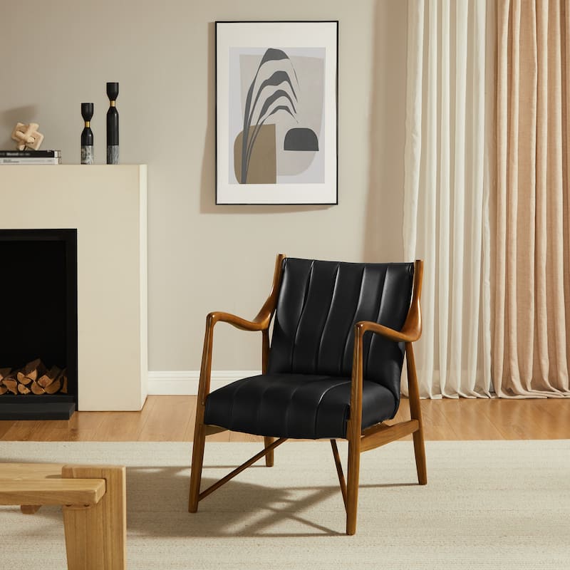 Art Leon Solid Ash Wood and Leather Accent Chair - Black