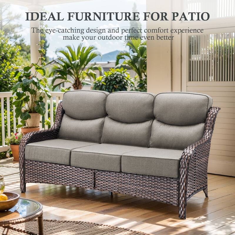 Arcadia 3-Seat Wicker Patio Sofa with 6-Inch Thick Cushions and 2 Ottomans