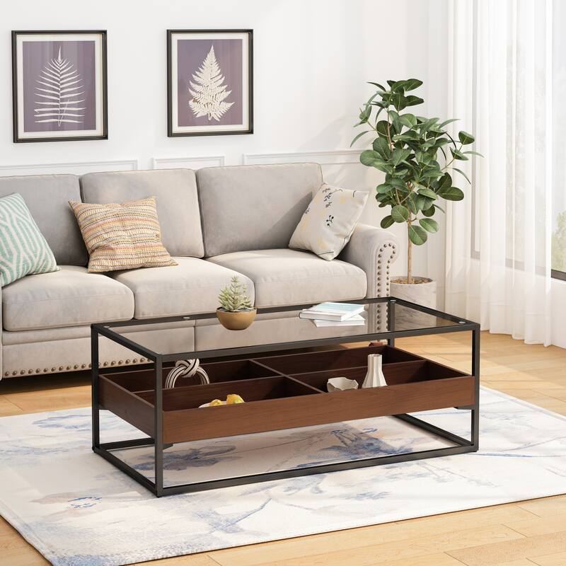 Glass Coffee Table with storage shelf and metal table legs
