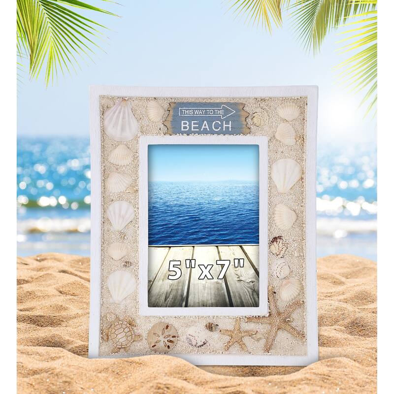 CoTa Global White Wood Seashell Oceanic Sea Turtle Photo Box 5X7 Frame - 11 Inch