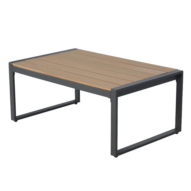 Outdoor 4 Pieces Furniture Sets Modern Iron Patio Conversation Sets Sofa w Grey Cushion Faux Wood Grain Frame Coffee Table