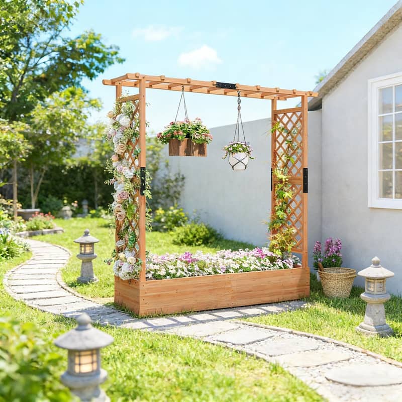 Trellis Planter Box, Wooden Rectangular Plant Racks - Natural