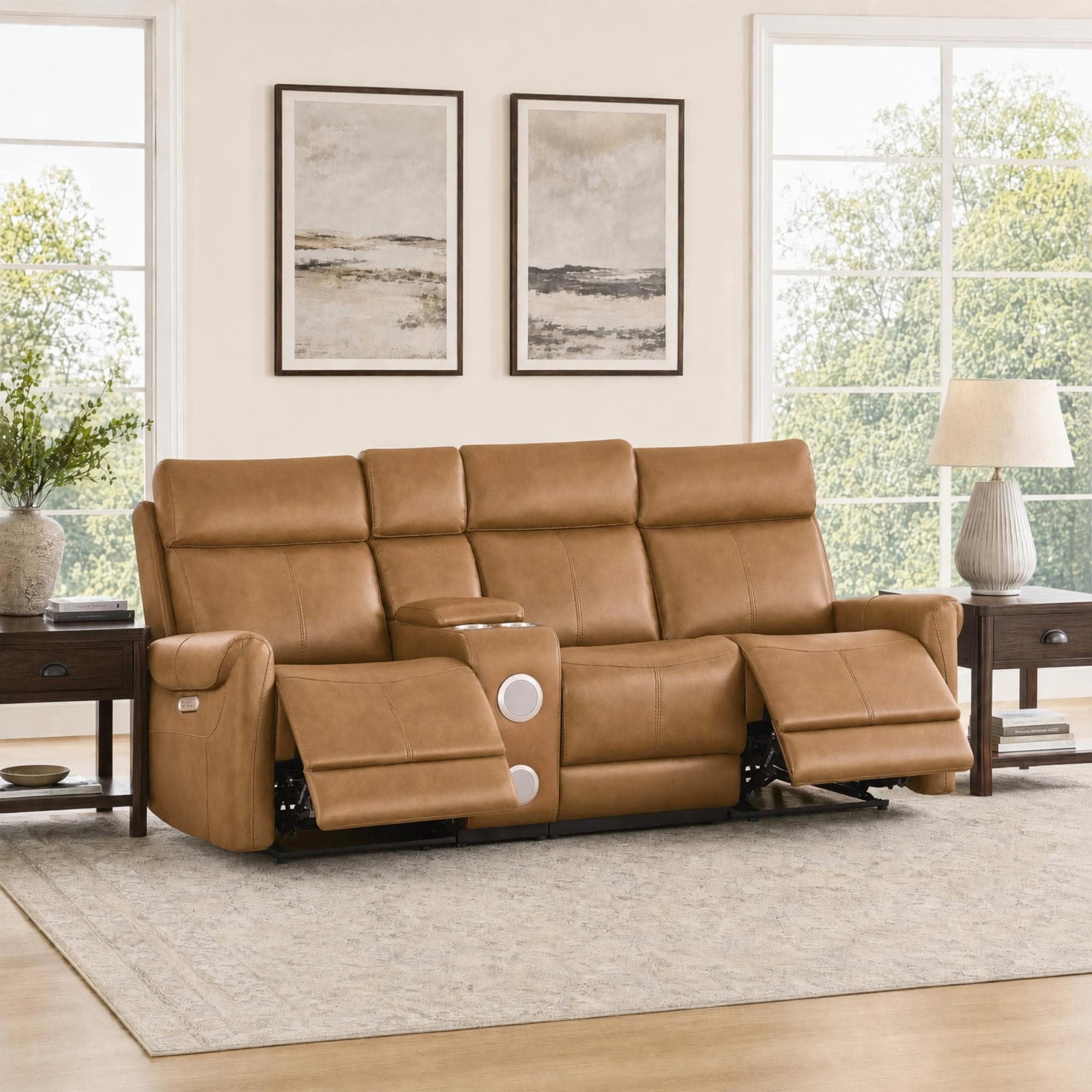 Spruce & Spring Power Modular Wall Hugger Reclining Faux Leather Sofa with Bluetooth Speaker Console