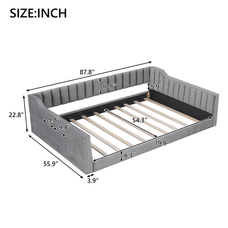 Upholstered Daybed with Sloped Arms and Side Pocket, Vertical Stripes Grounded Daybed with Wood Slat Support, Velvet Fabric