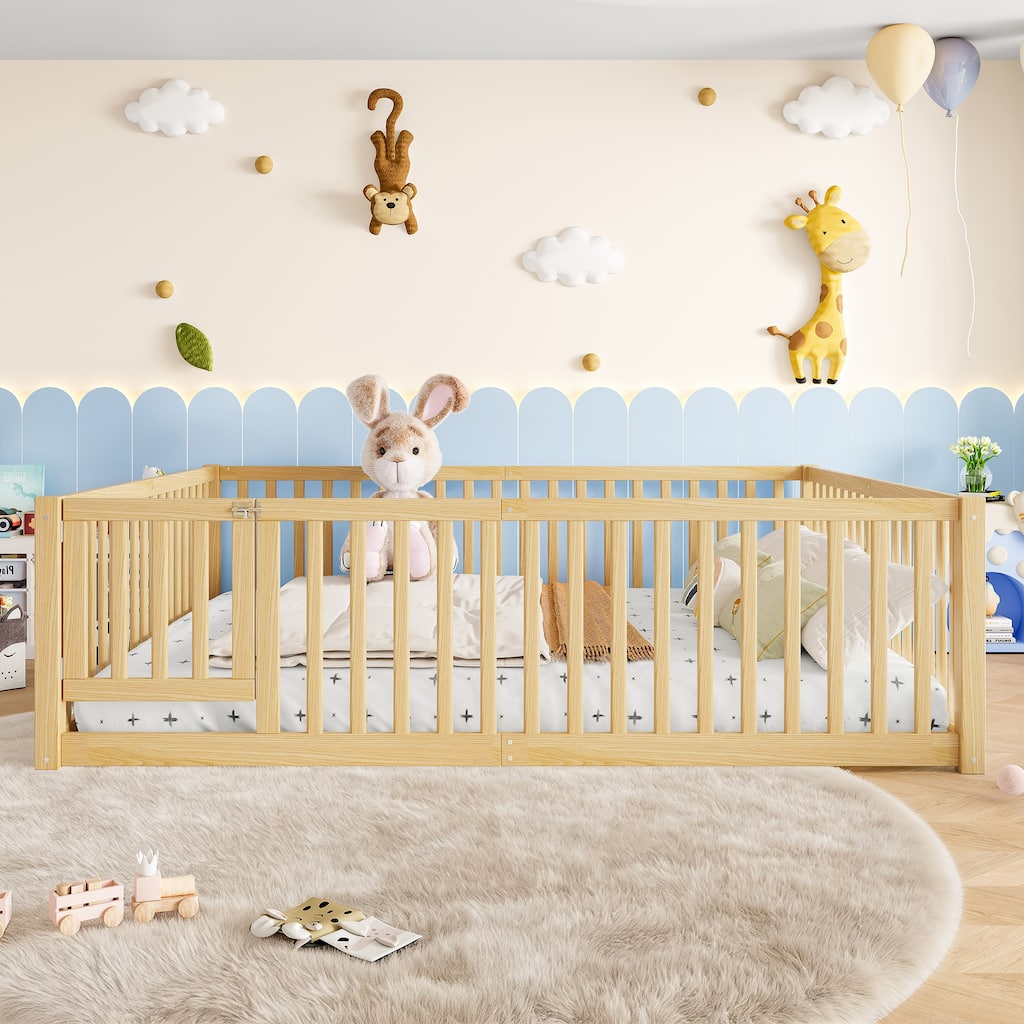 Montessori Floor Bed with Safety Guardrails & Door, Kids Low Profile Frame, Available in Queen/Full/Twin