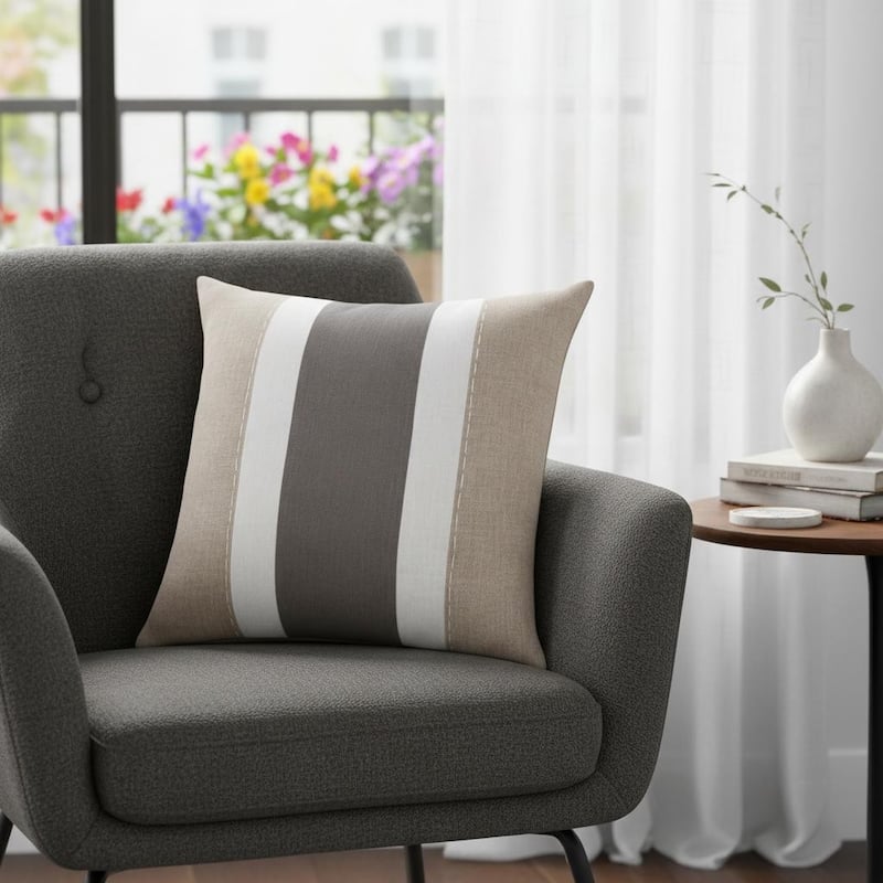 20" X 20" Gray And Tan Linen Striped Zippered Pillow - Polyester - Single - 20.00 in. x 20.00 in.  x 4.00 in. - Pillow Sets - Gray