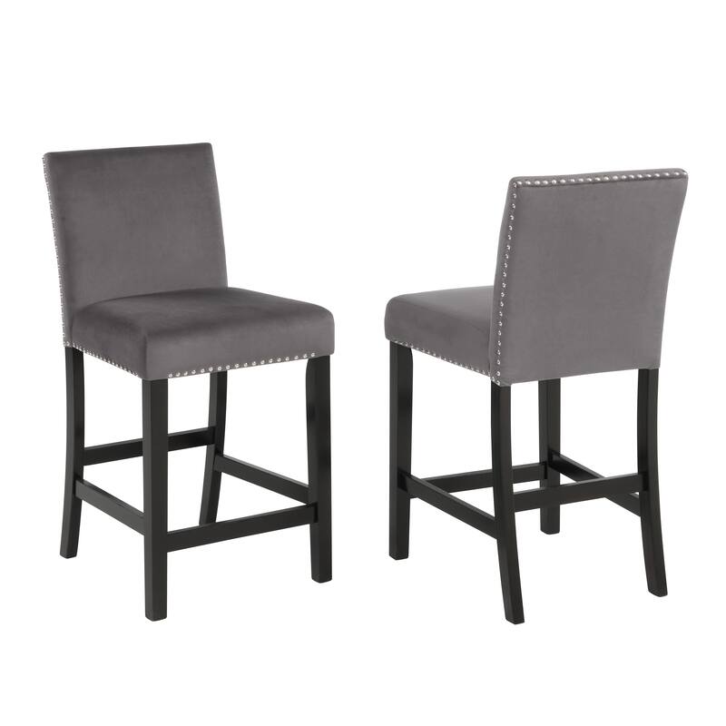 Contemporary Velvet Counter Stool with Nailhead Trim,Set of 2 - Gray