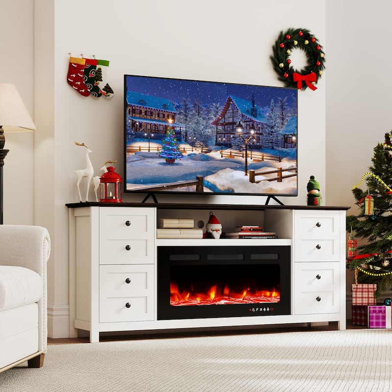 70" Modern Fireplace TV Stand for 80" TVs, Solid Wood Media Console with 36" Electric Fireplace & Storage Drawers