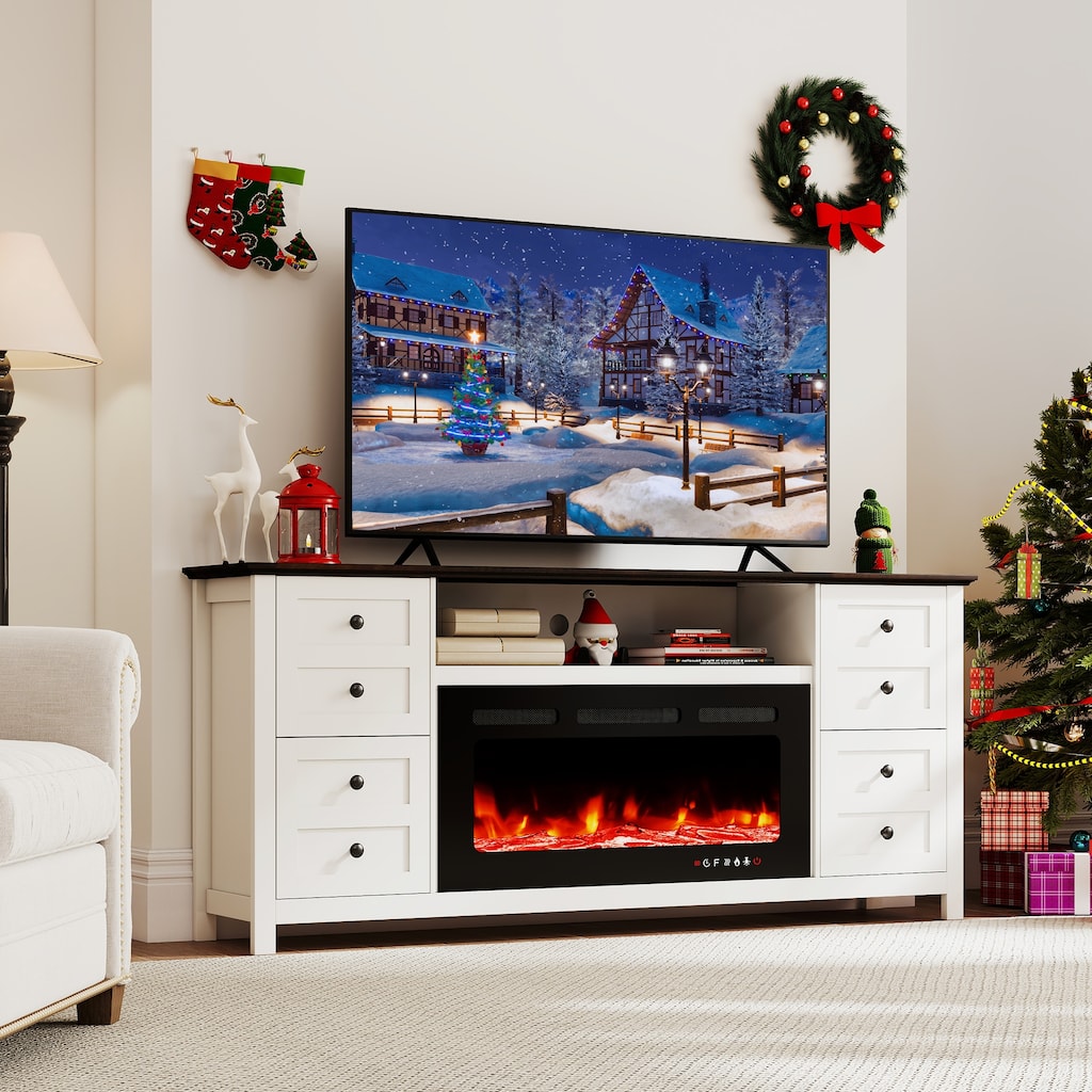 70" Modern Fireplace TV Stand for 80" TVs, Solid Wood Media Console with 36" Electric Fireplace & Storage Drawers