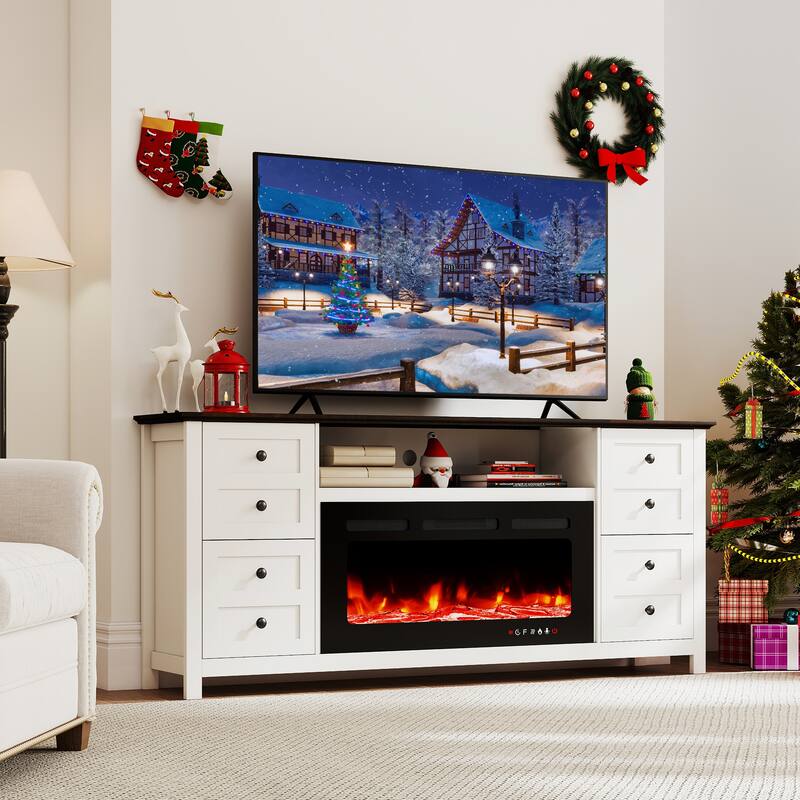 EROMMY 70" Fireplace TV Stand for TVs up to 80", Modern Wood Media Console with 36" Electric Fireplace - White