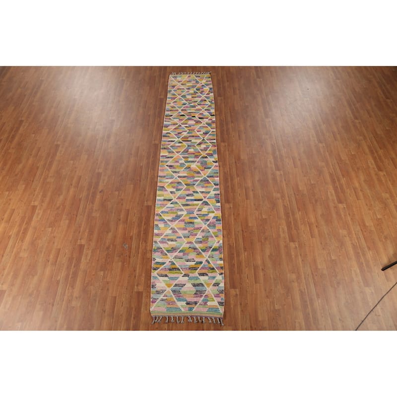 Trellis Striped Moroccan Oriental Runner Rug Handmade Wool Carpet - 2'4"x 12'9"